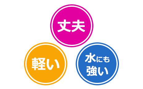 素材がポリエステルで、丈夫で軽く、水にも強い。